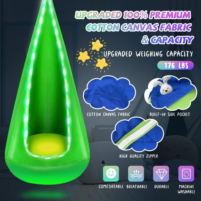 Bghdas Light Up Kids Pod Swing Seat, Hanging Hammock Chair with LED Lights, Upgraded Cotton Child Sensory Swing Seat, Sensory Swing for Autistic Kids Indoor & Outdoor Play (Green) - Image 4